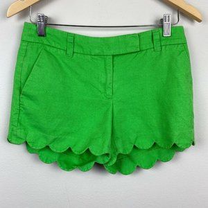 J. Crew Shorts 0 Green Linen Cotton 4" Scalloped Hem Pockets Summer Casual Women